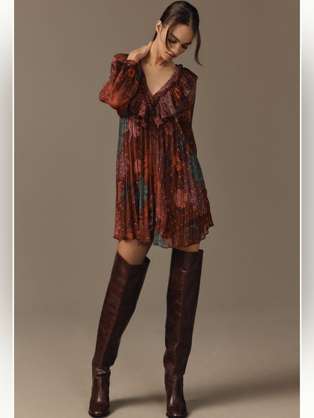 Floral Ruffled V-Neck Dress - Burgundy Pink flecks of gold
